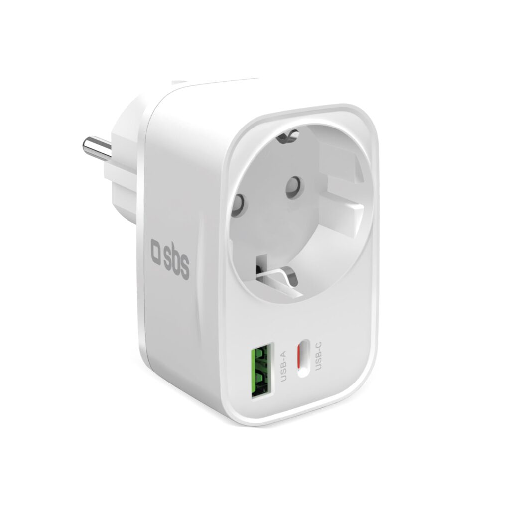 SBS - Többcsatlakozós töltőfej USB-C/USB-A/Schuko, PD 20 W - Fehér