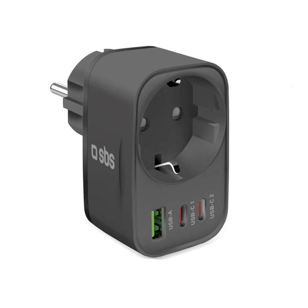 SBS - Többcsatlakozós töltőfej 2x USB-C/USB-A/Schuko, PD 30 W - Fekete