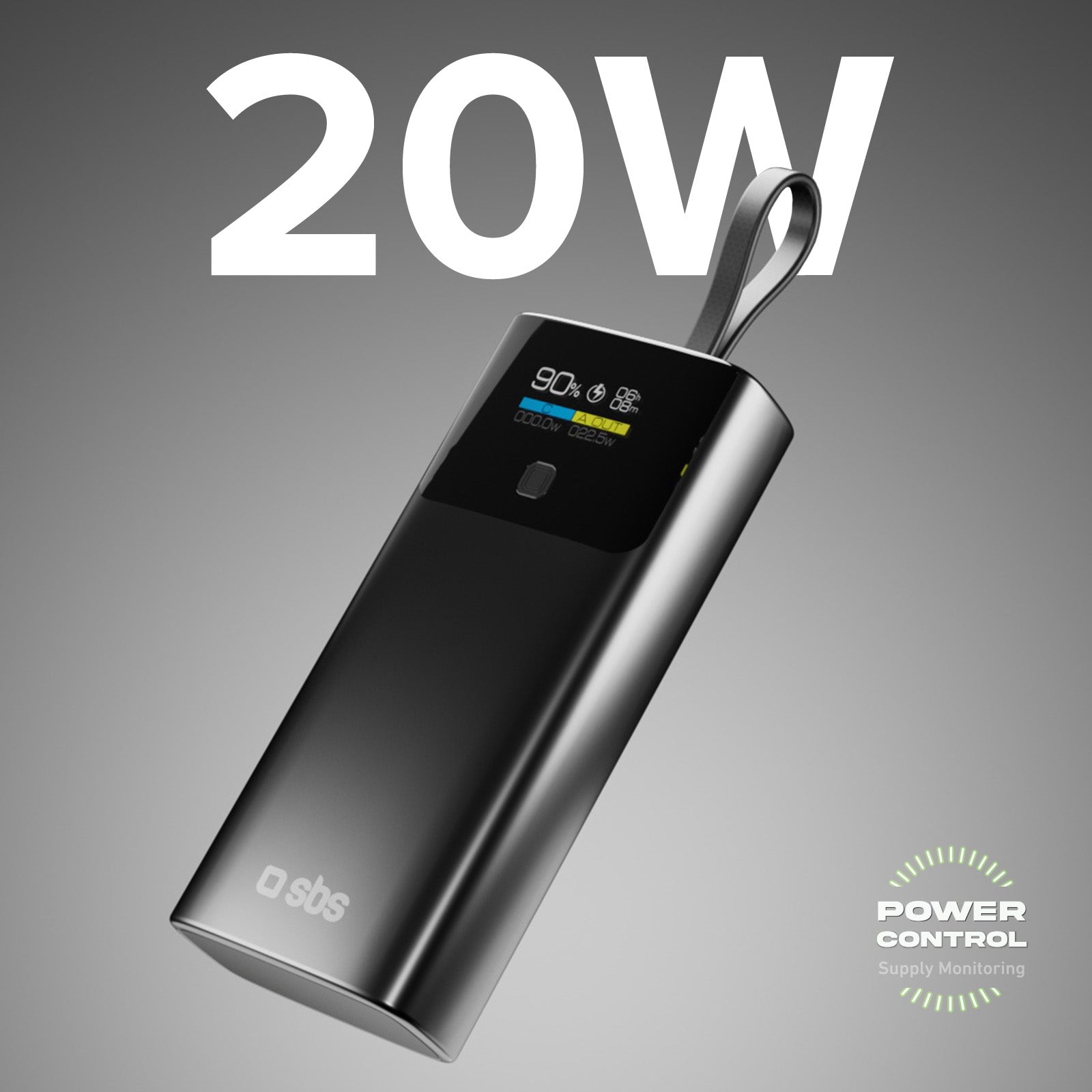 SBS - Külső akkumulátor 10000 mAh 20 W, PD, LCD, beépített kábellel, USB-C/USB-A - Fekete - Image 2