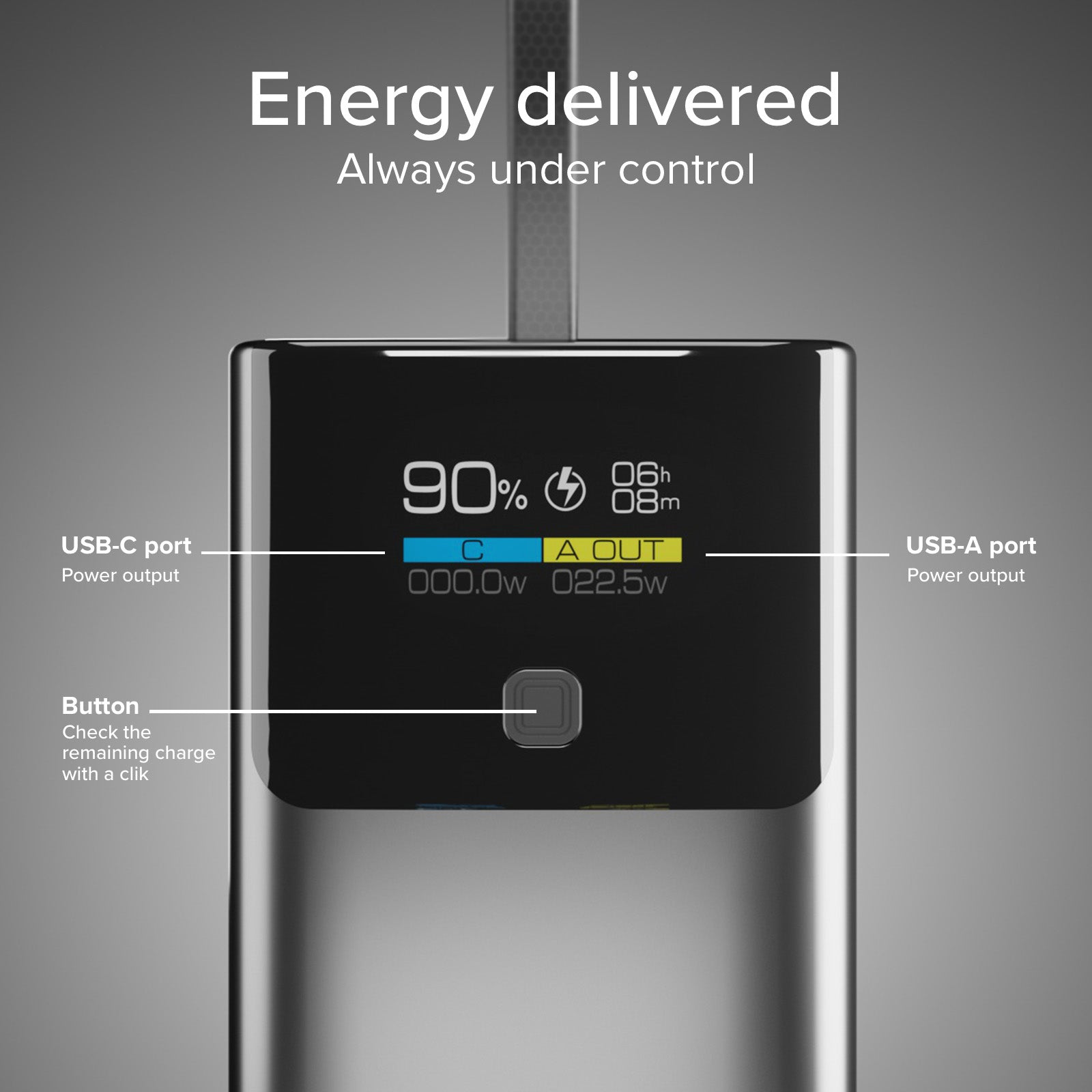 SBS - Külső akkumulátor 10000 mAh 20 W, PD, LCD, beépített kábellel, USB-C/USB-A - Fekete - Image 7