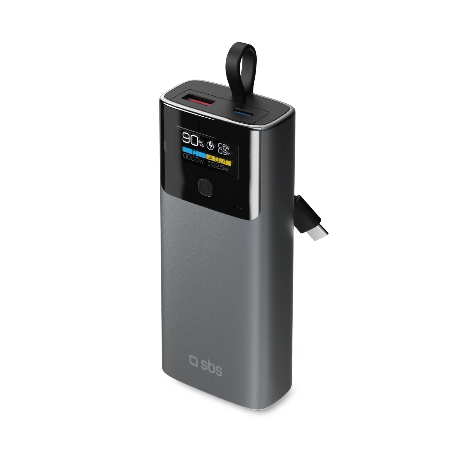 SBS - Külső akkumulátor 10000 mAh 20 W, PD, LCD, beépített kábellel, USB-C/USB-A - Fekete