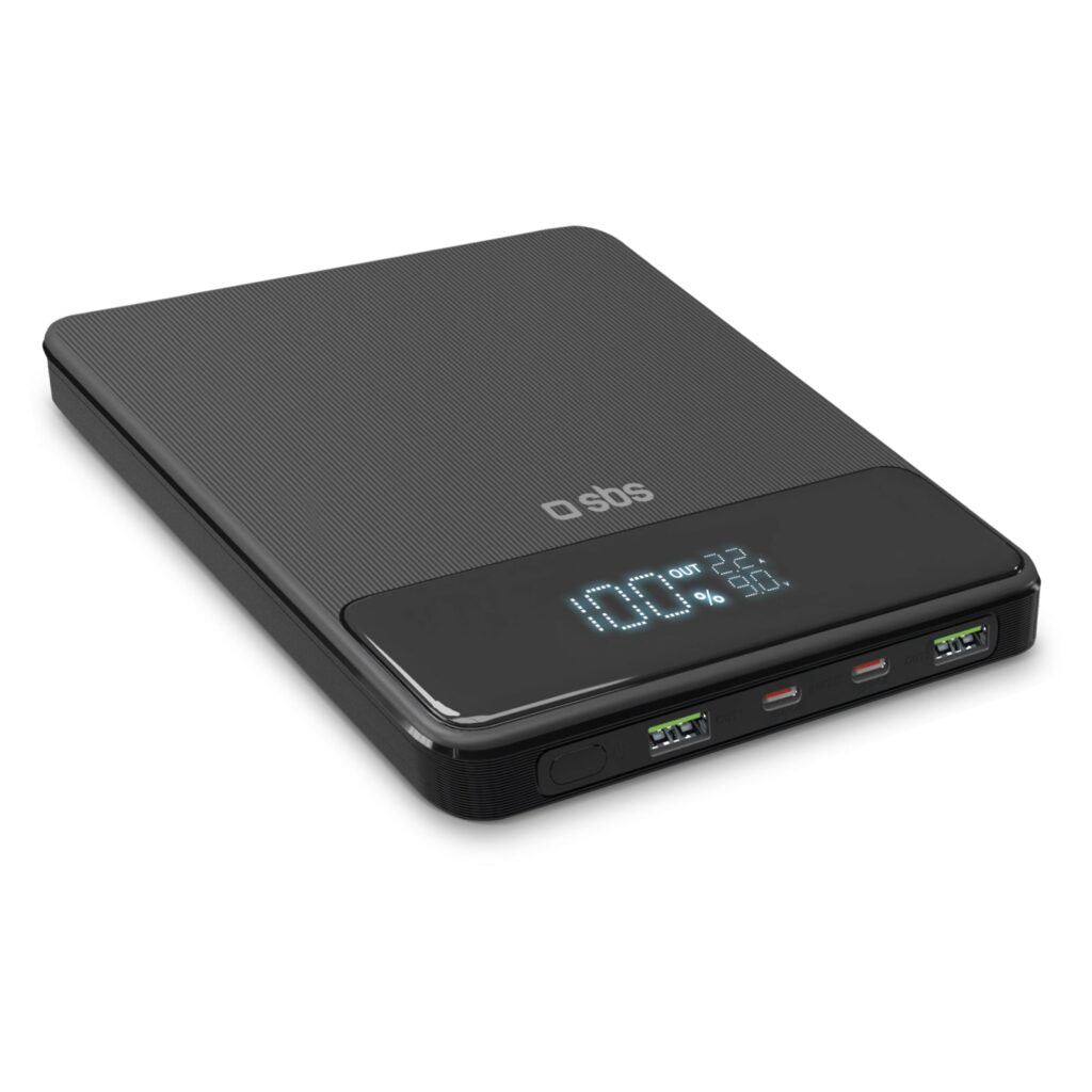 SBS - Vékony külső akkumulátor 20 000 mAh 2x USB-A/2x USB-C, PD, 100 W - Fekete