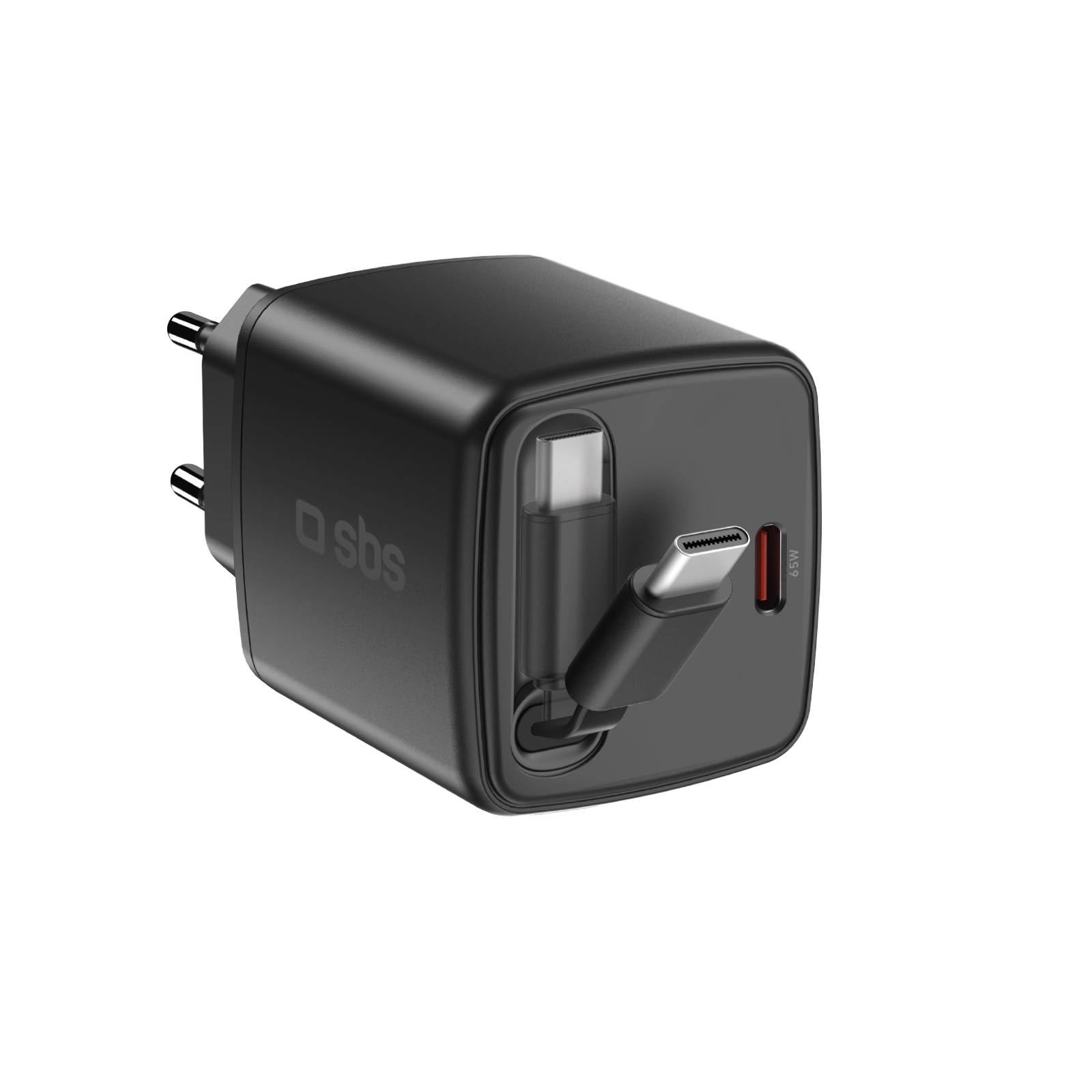 SBS 65 W USB-C GaN hálózati töltő beépített kihúzható kábellel - Fekete
