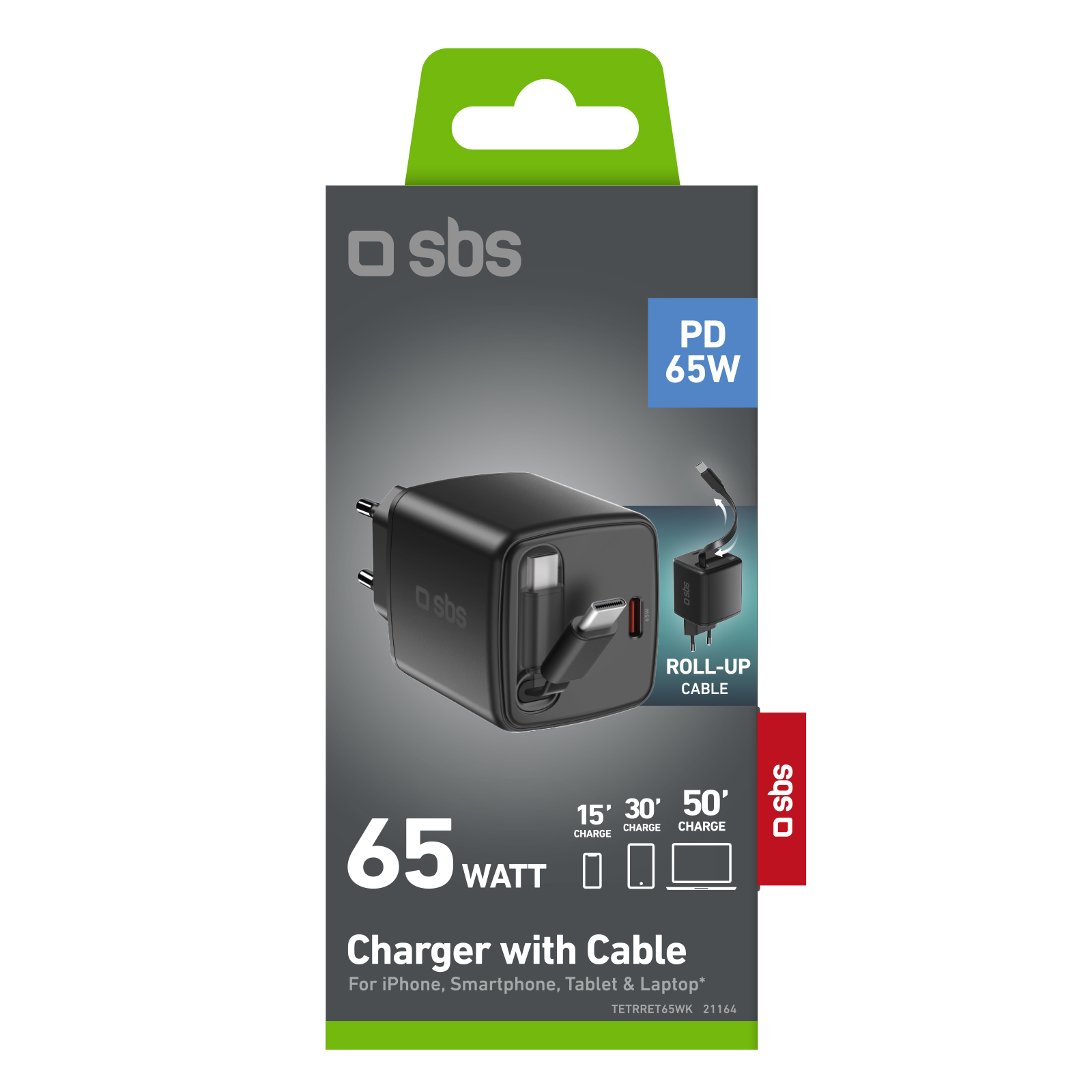 SBS 65 W USB-C GaN hálózati töltő beépített kihúzható kábellel - Fekete - Image 2