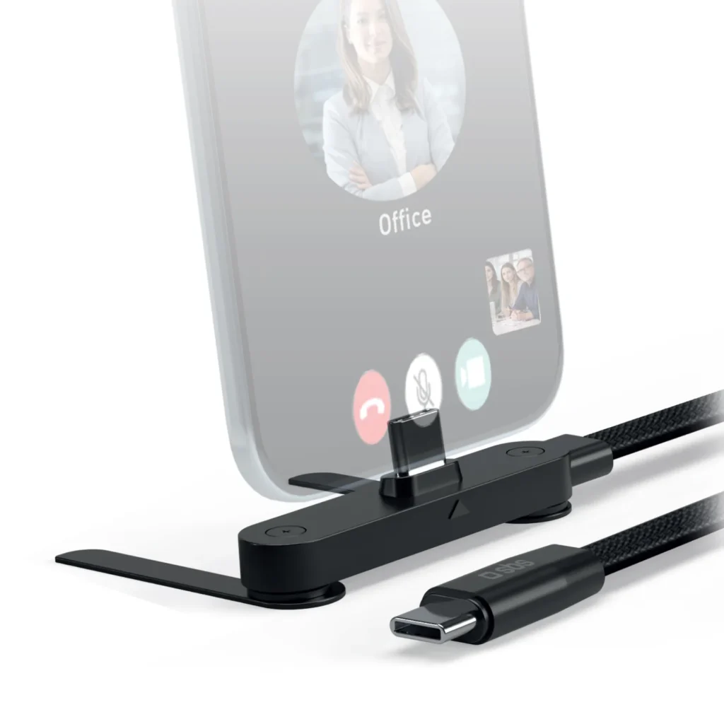 SBS 60 W-os USB‑C töltő- és adatkábel, állványfunkcióval, forgatható csatlakozókkal és fonott borítással 1M - Fekete