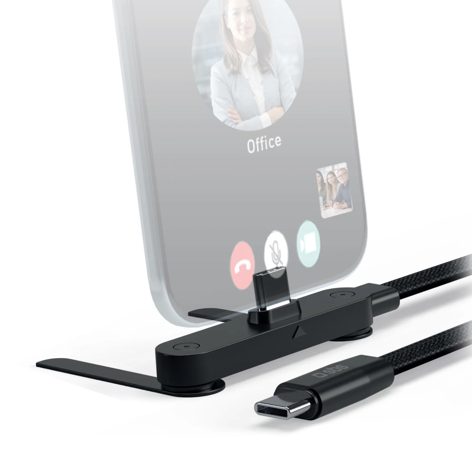 SBS 60 W-os USB‑C töltő- és adatkábel, állványfunkcióval, forgatható csatlakozókkal és fonott borítással 1M - Fekete