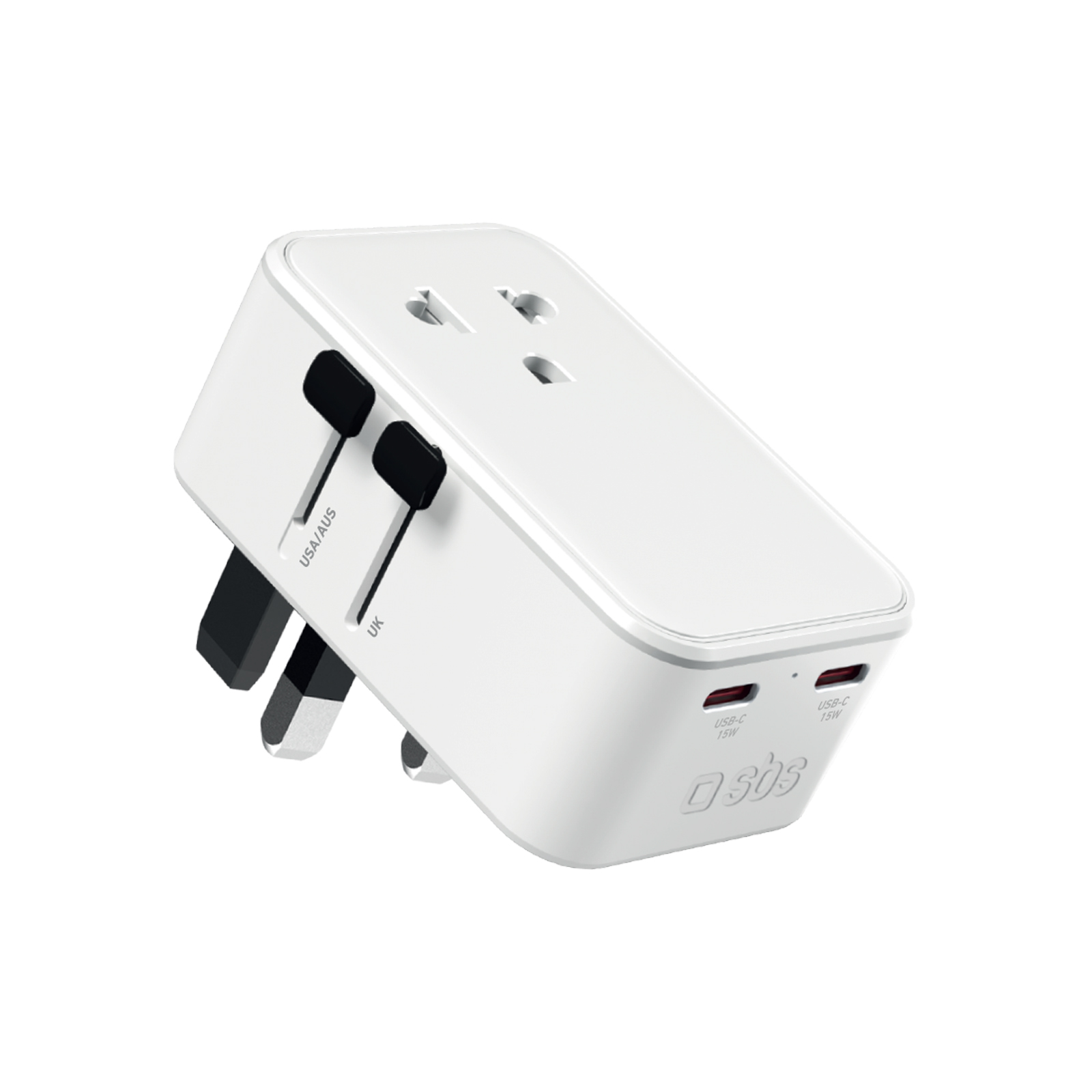 SBS - Utazási töltőadapter az EU/US/UK/AU, 2x USB-C/ 1x USB-A, PD 15 W - Fehér